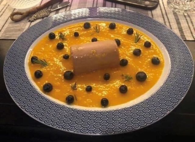 Foie gras , mango cream, blueberry by Chef Angelo