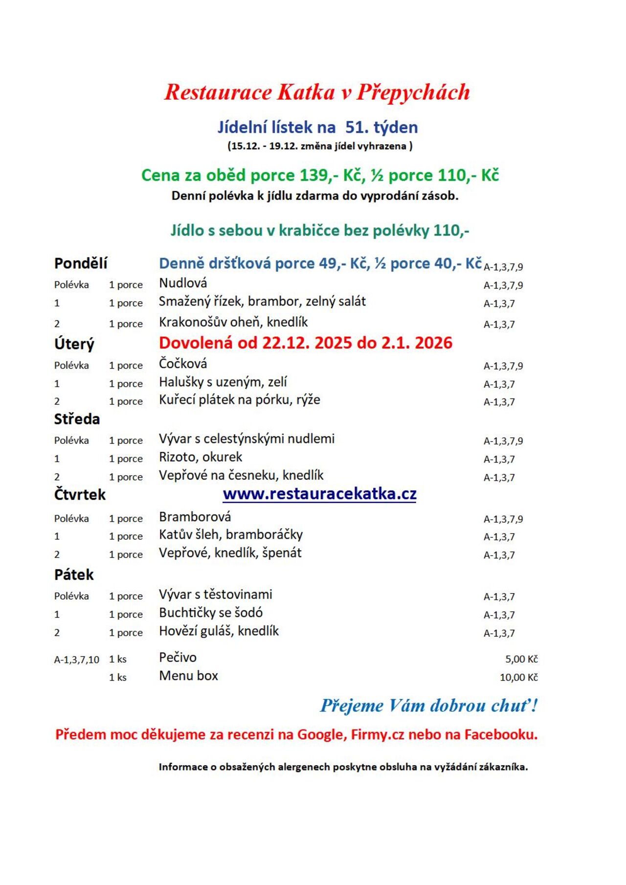 Jídelní lístek na 51. týden 2025