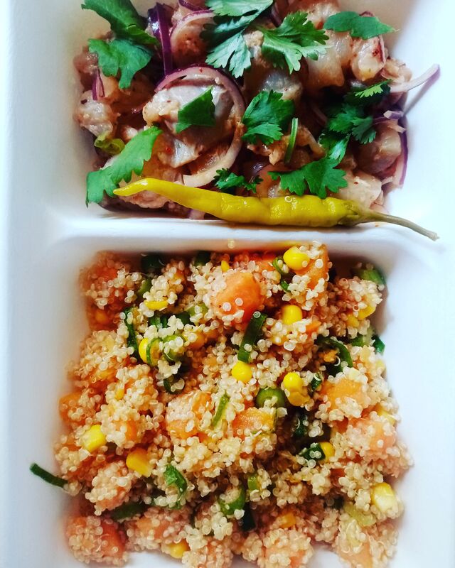 Ceviche de lieu, salade de quinoa,patate douce, maïs