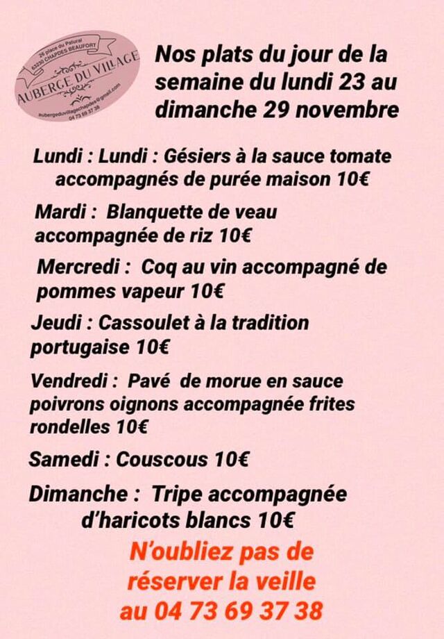 Plats du Jour - Lundi 23 au Dimanche 29 Novembre 2020