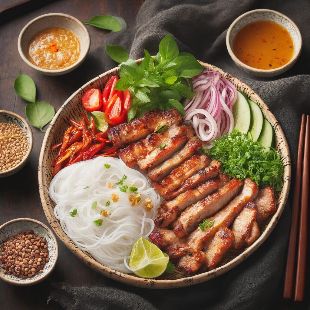 Bún chả thịt nướng kèm theo bún và rau thơm, được trình bày theo phong cách truyền thống của Việt Nam.