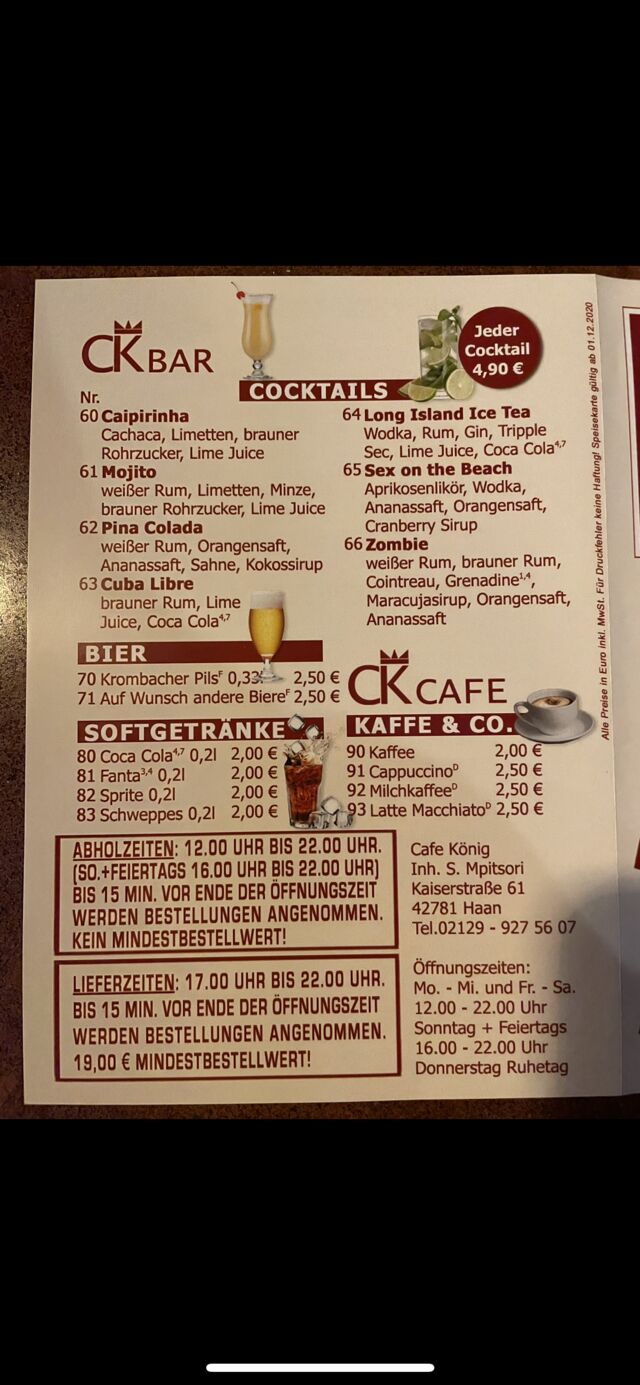 Lieferung Frei Haus ab 15,00 Euro
Von 17:00 bis 22:00
Außer Donnerstags