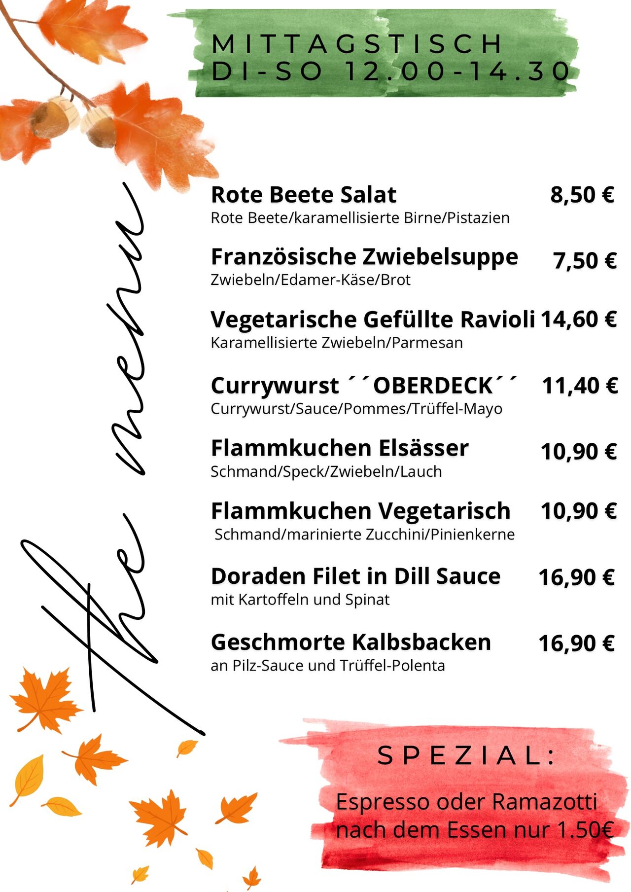 Mittagskarte im Café Kunstpause