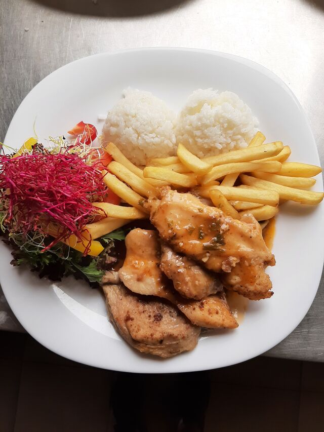 Dva druhy mäsa, ryža, hranolky.