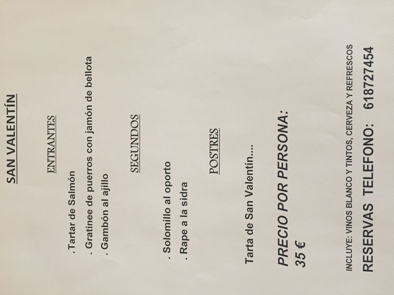 Menú especial día de los enamorados.
14/02/2020