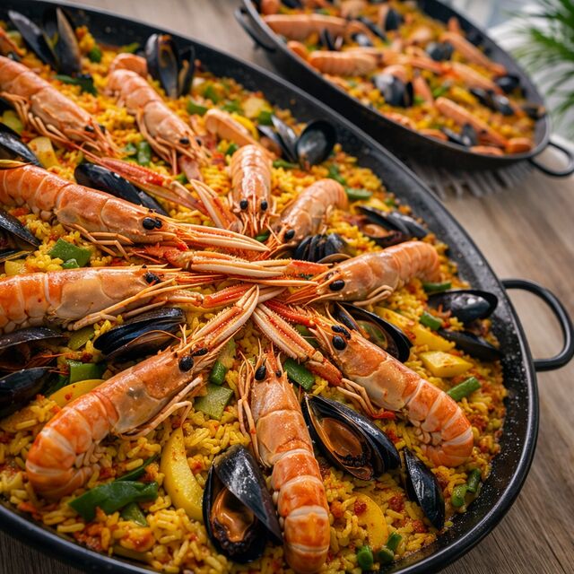 Paella Royale composée avec poulet, langoustine, palourdes, calamars, crevettes, moules....