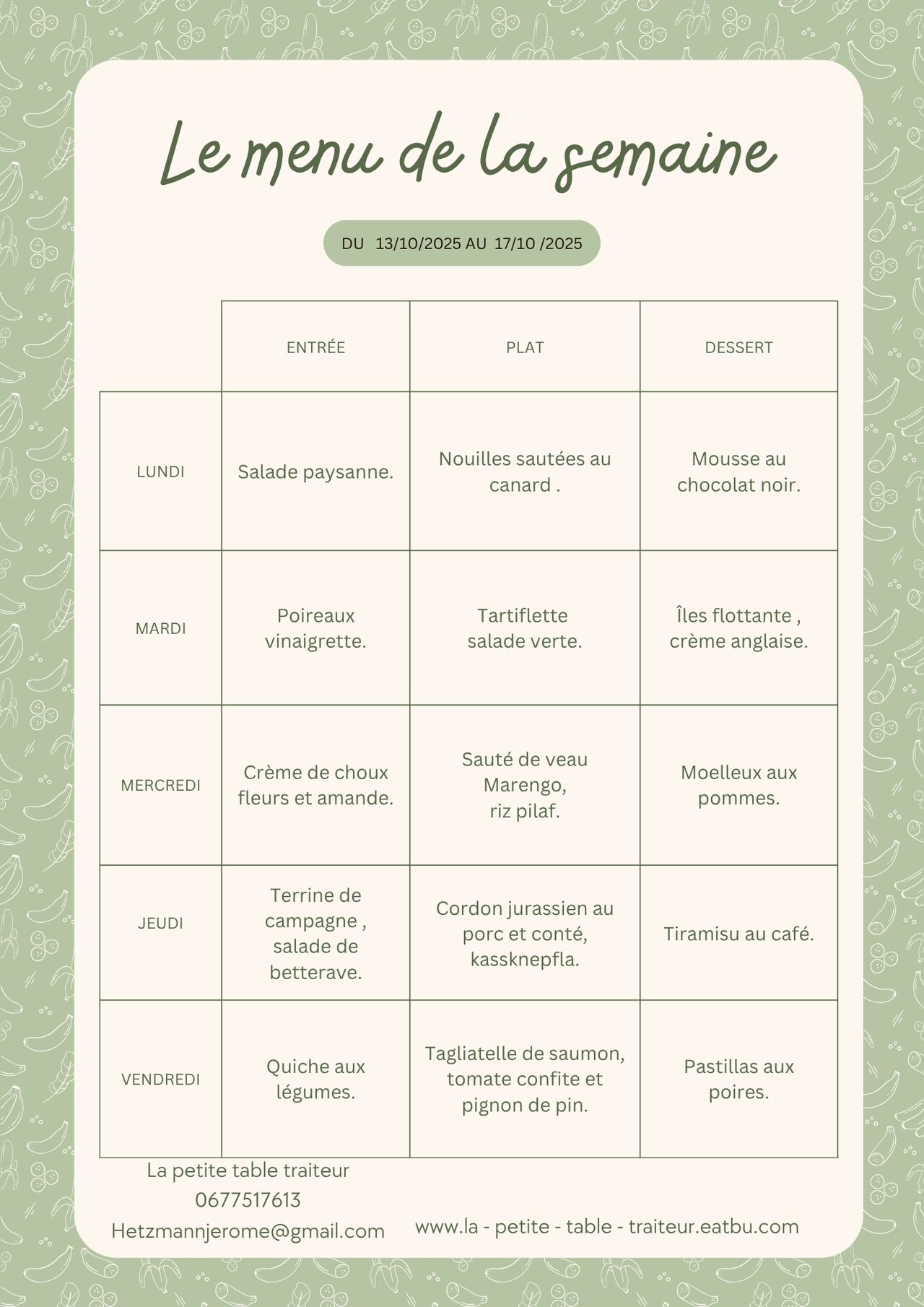 Menu du 13 au 17 octobre 2025