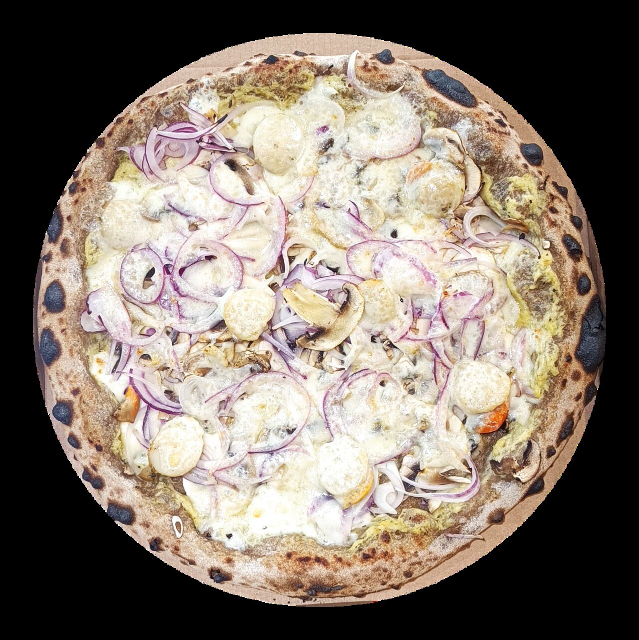 Avril La Capesante - base crème poireaux maison, mozza, champignons, oignons rouges, noix de St Jacques, provolone