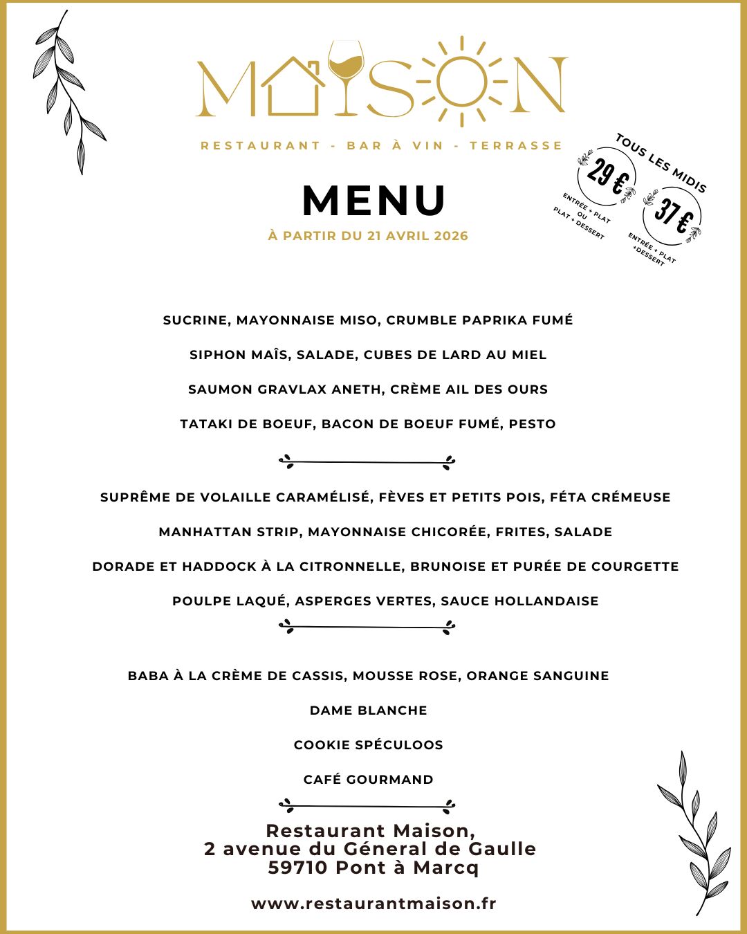 Menu du midi à partir du 21 avril 26