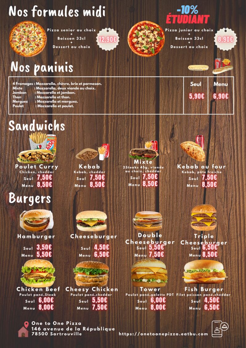 Nos menus sandwichs et burgers