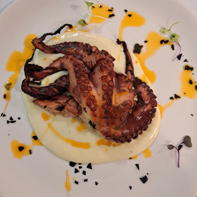 Pulpo asado, parmentier y aceite de pimentón.