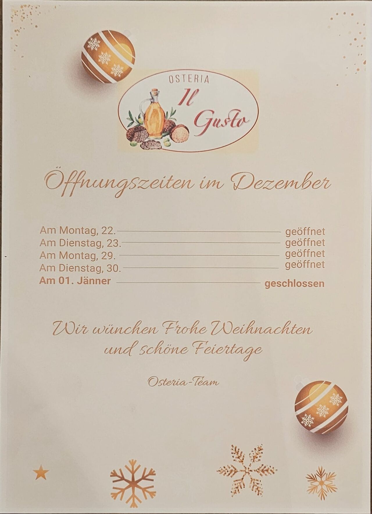 Öffnung Zeiten über Feiertage