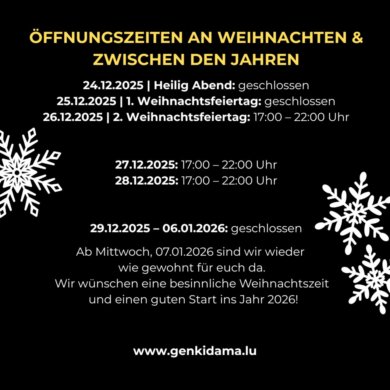 ÖFFNUNGSZEITEN AN WEIHNACHTEN & ZWISCHEN DEN JAHREN