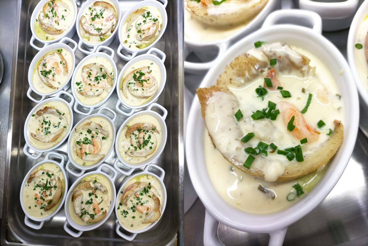 CASSOLETTE DE ROUGET ET GAMBAS CREME CIBOULETTE