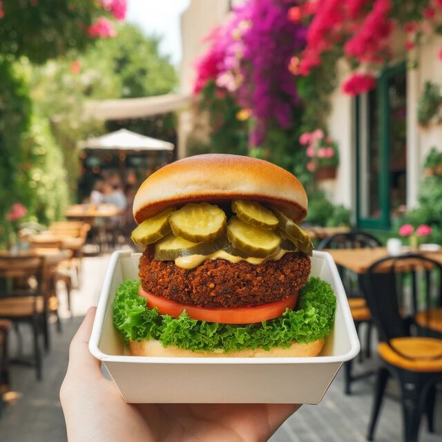 burger z falafelem, piklami, sałatą oraz sosem majonezowym | falafel burger with pickles, lettuce, and mayonnaise sauce