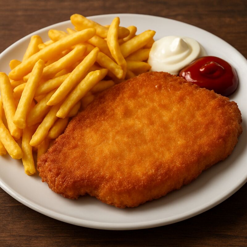 Schnitzel mit Pommes Hennef - Knusprig paniertes Schnitzel