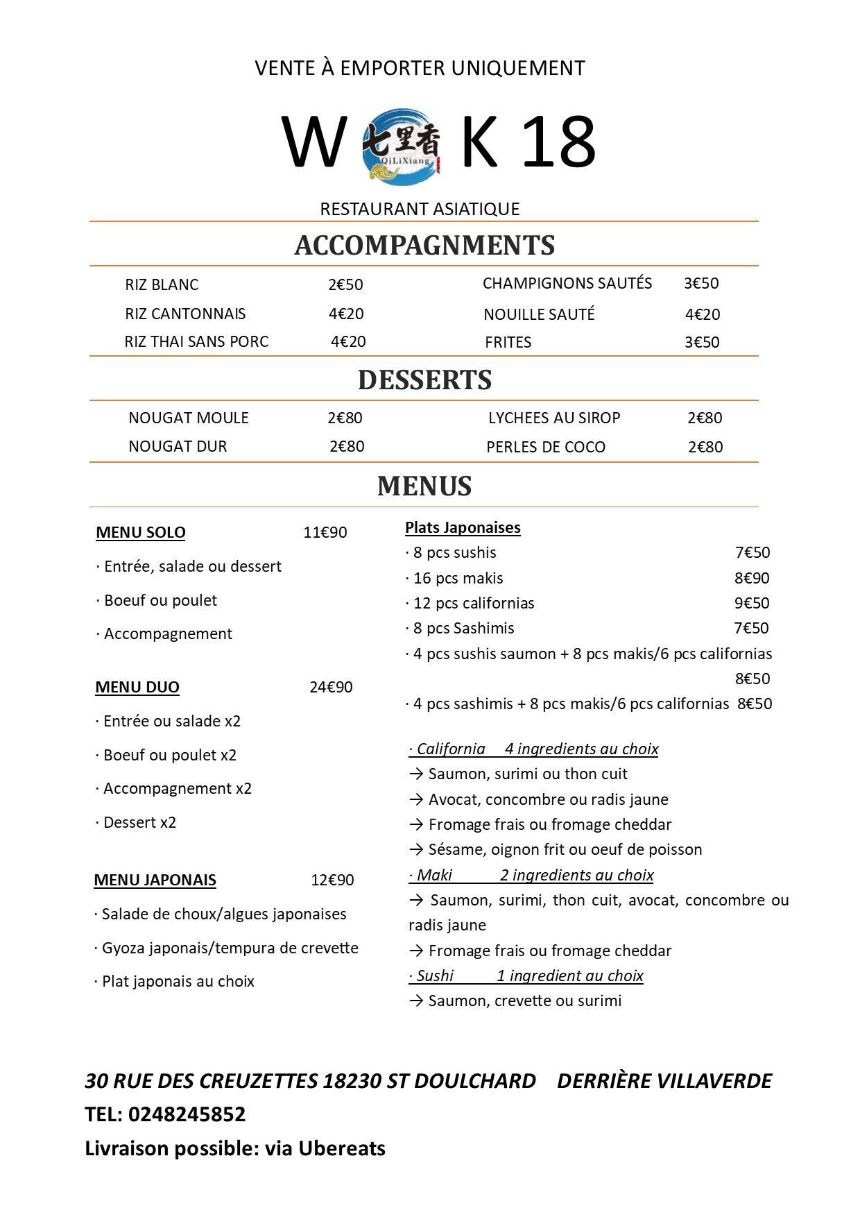 Menu 2 de plats à emporter