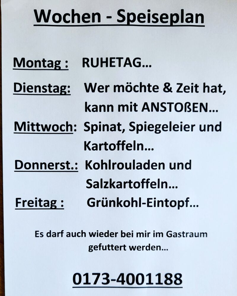 Gültig von 28.2.- 4.3.22'
Bitte bis 11 Uhr vorbestellen / reservieren...