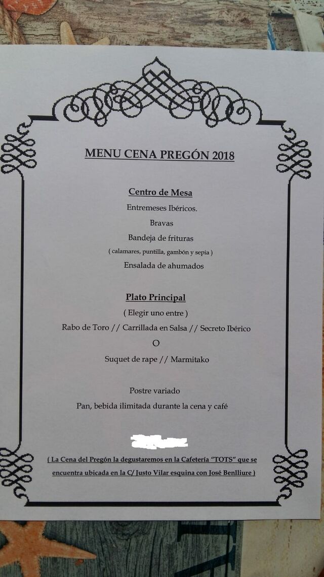 Ejemplo de menú elegido por el cliente. Consulta nuestros precios.