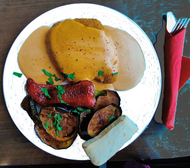 Metaxaschnitzel mit Grillgemüse