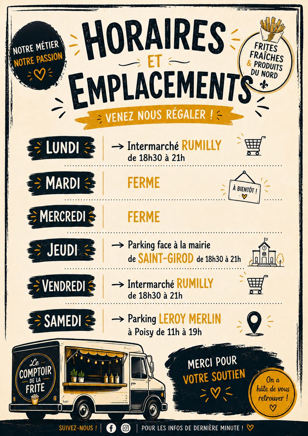 Nos emplacements et horaires