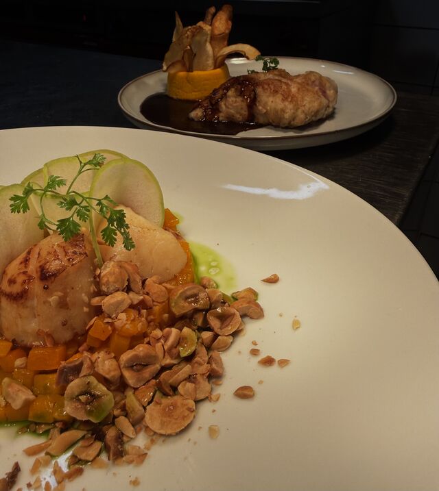 St Jacques de St Brieuc, butternut, pomme granny, huile tranchée