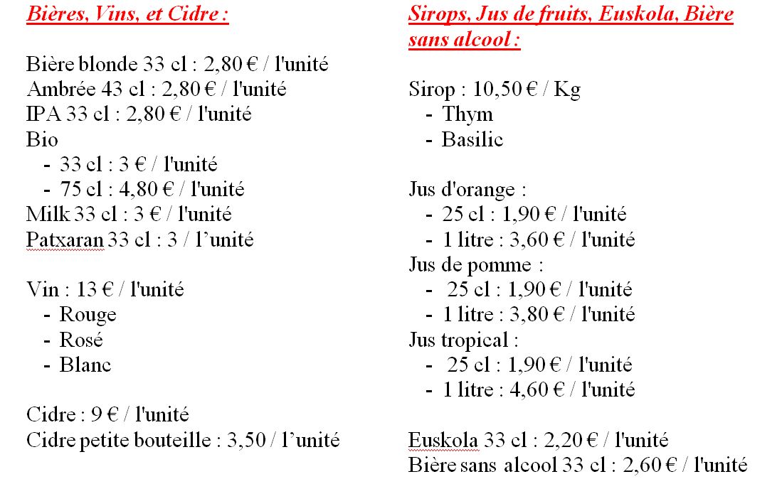 Bières, Vins, Cidres, Sirops, Jus de fruits, Euskola et Bière sans alcool