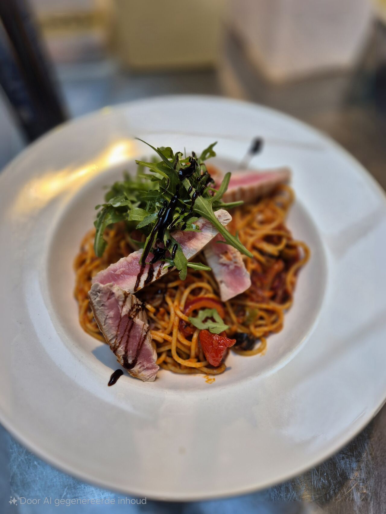 Pasta putanesca (met vers gegrilde tonijn)