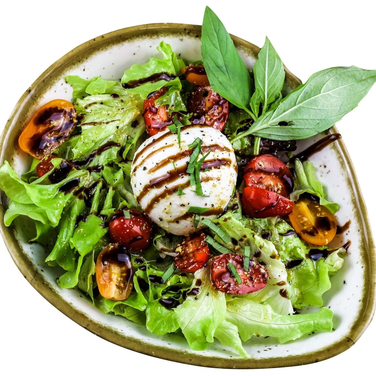Burrata, tomate cerise, balsamique, basilic, mesclun