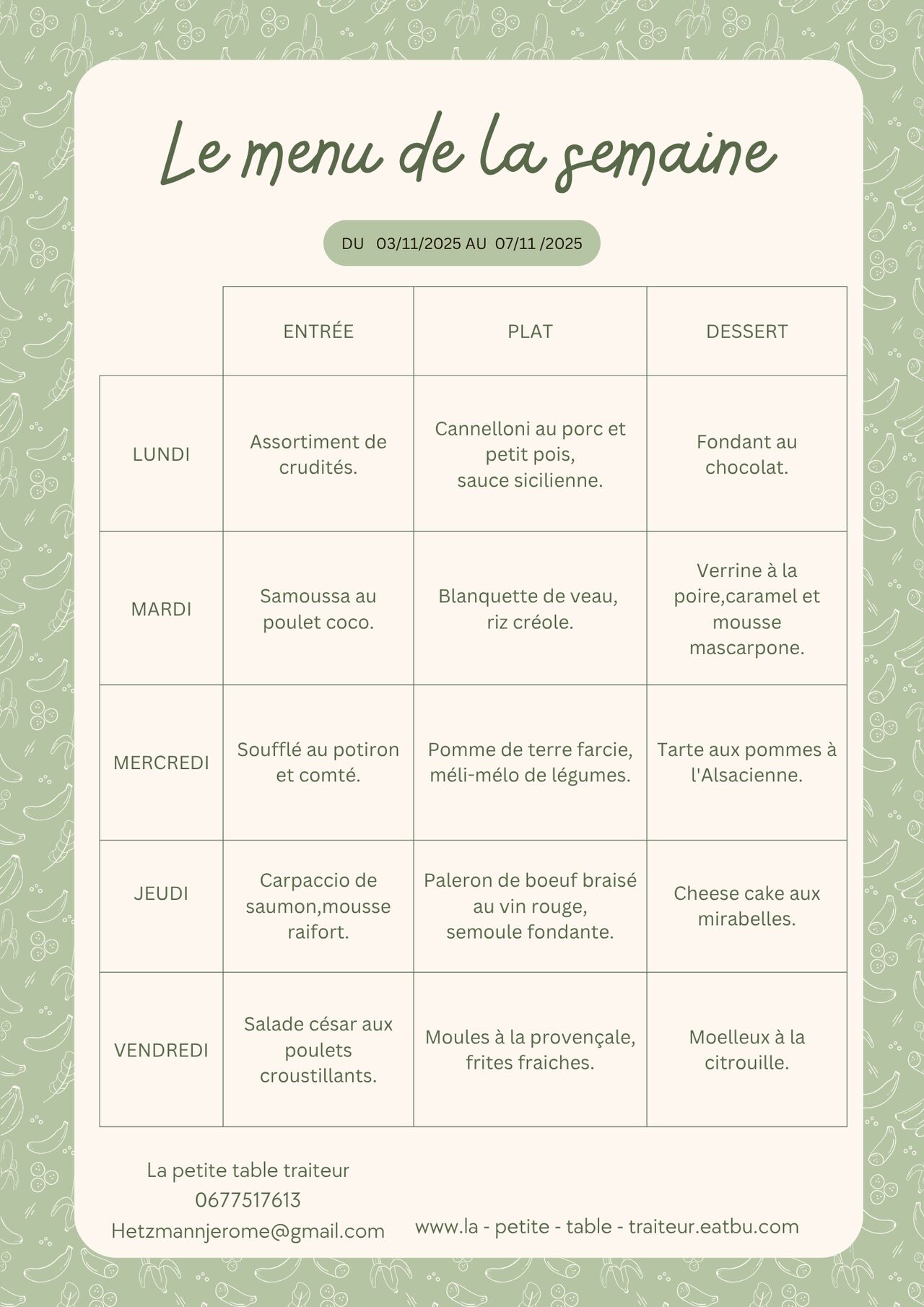 Menu 03 au 07 novembre 2025