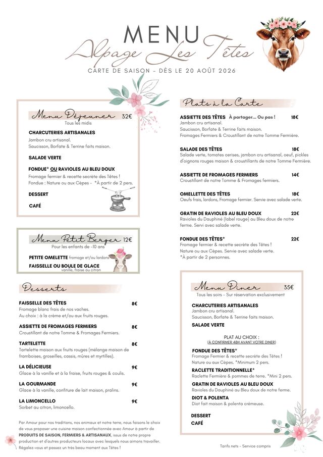 Menu Alpage Les Tetes - Megeve