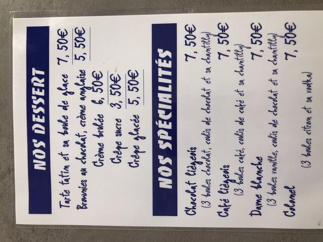 Carte des desserts 