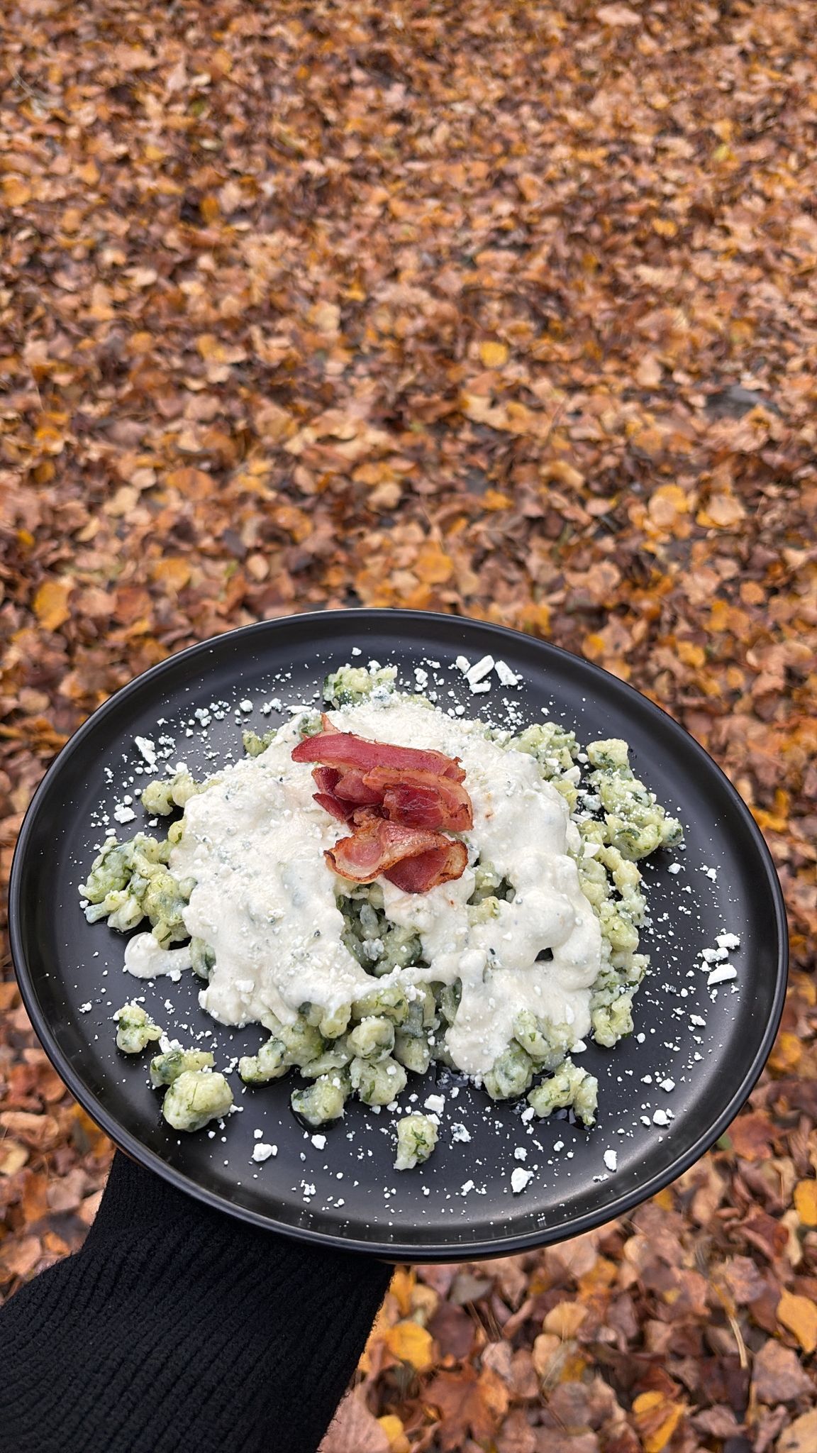 Špenátové halušky, nivová omáčka, slaninový chips
