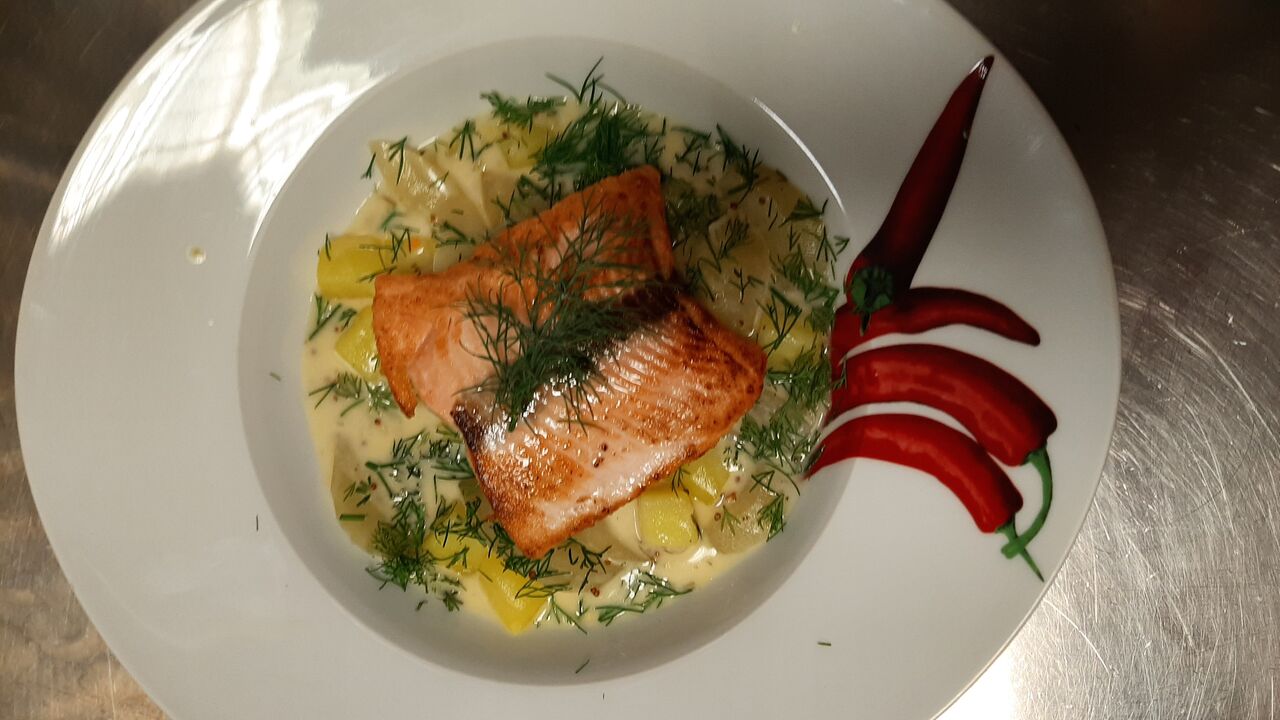 Lachsfilet auf Schmoorgurken