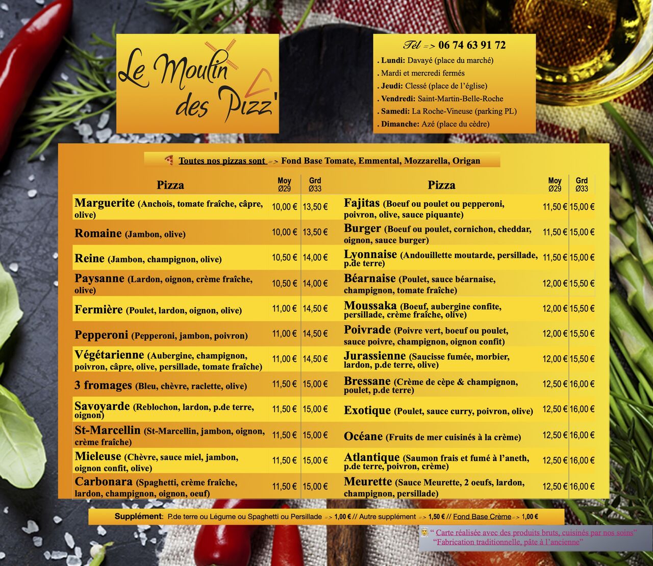 Carte des pizza et info