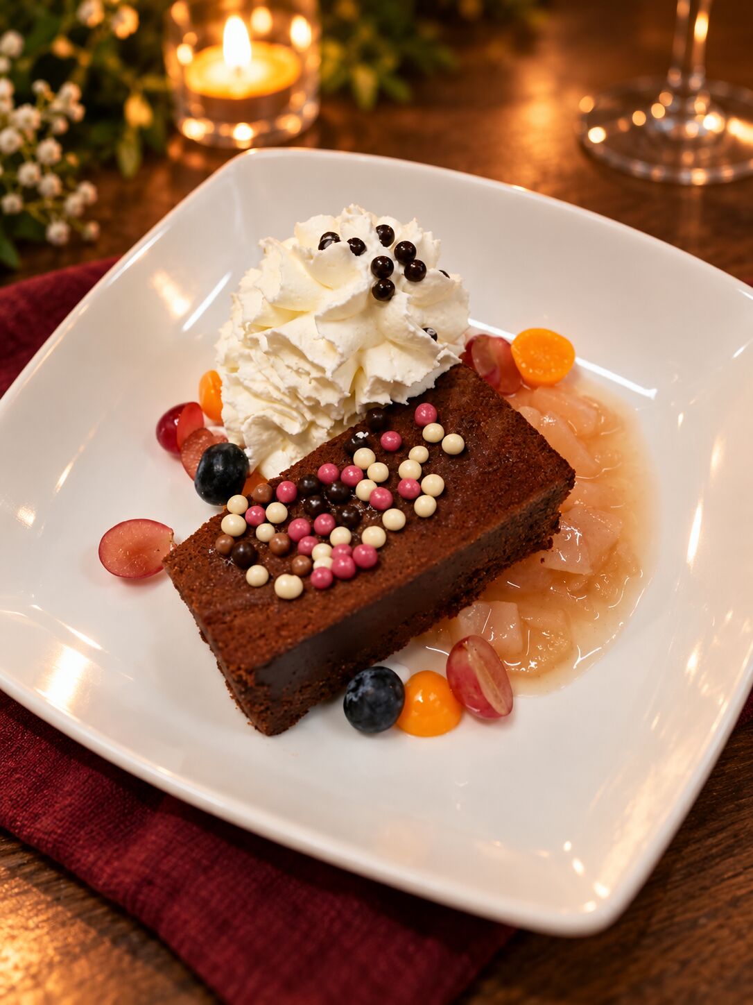 Hausgebackener Schokoladenbrownie an Birnenragout und ein Tupfer Sahne