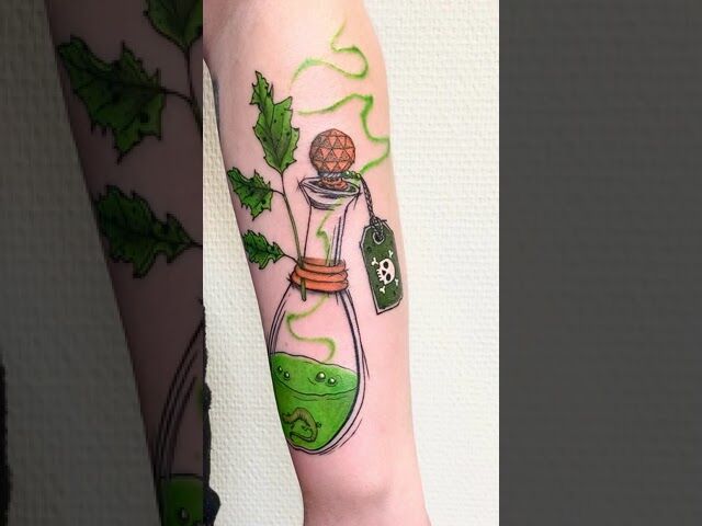 Flesje met een salamander in een felgroen, borrelend en stomend gifgoedje - voor Nynke