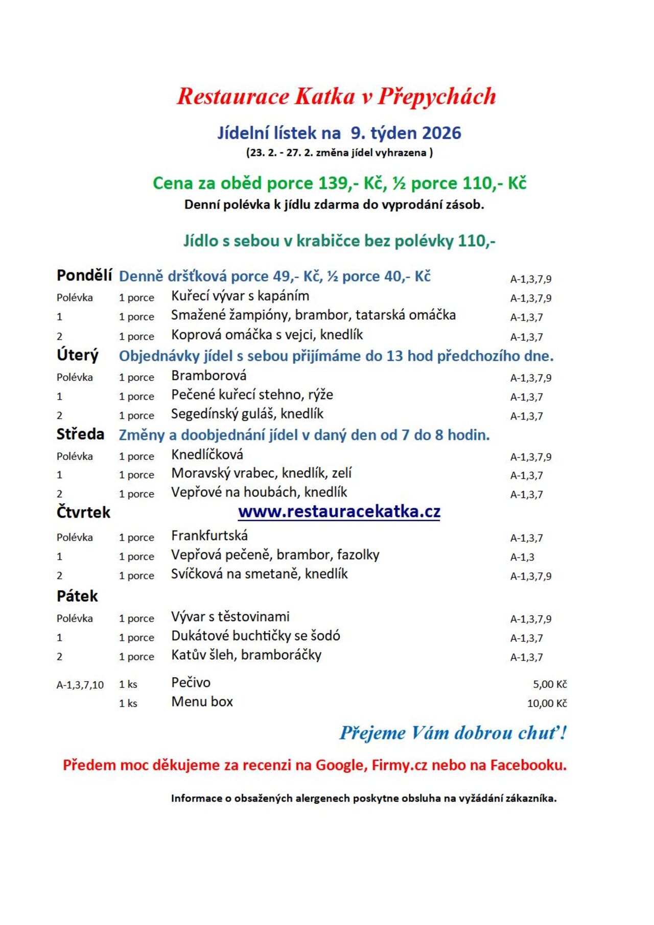 Jídelní lístek na 9. týden 2026