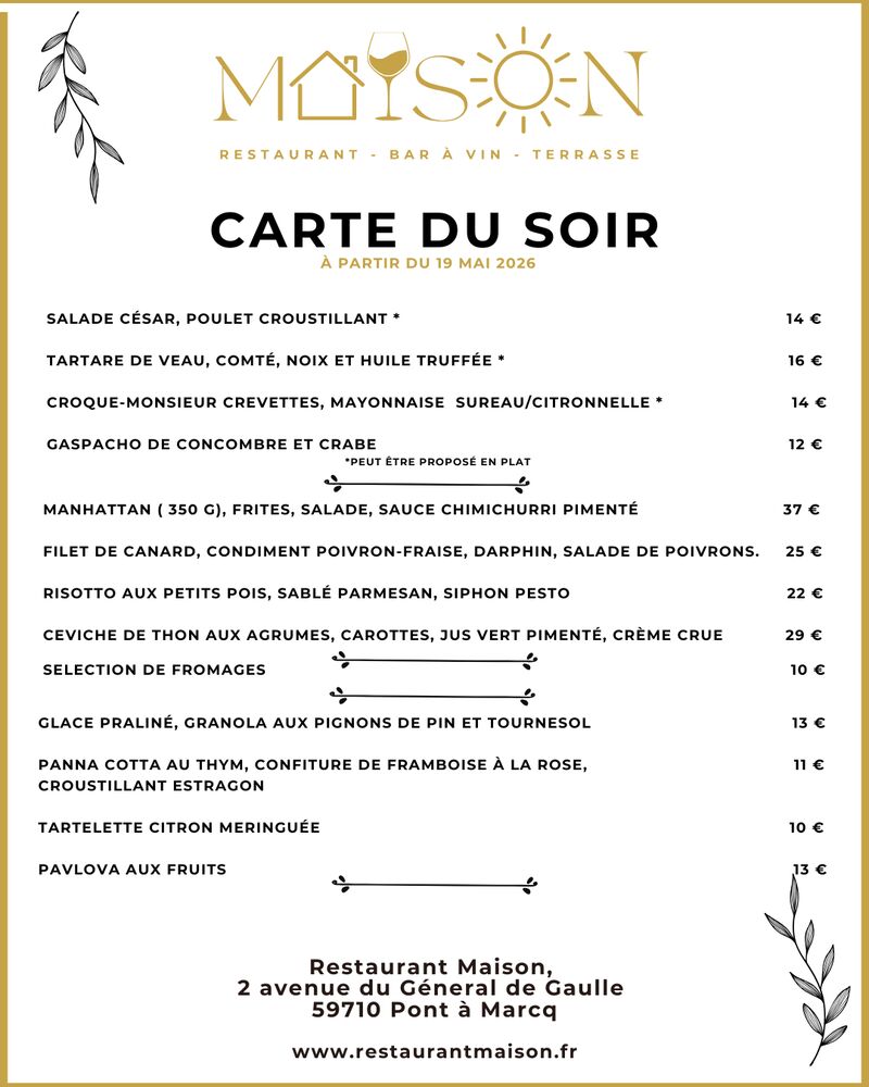 carte du soir à partir du 19 mai