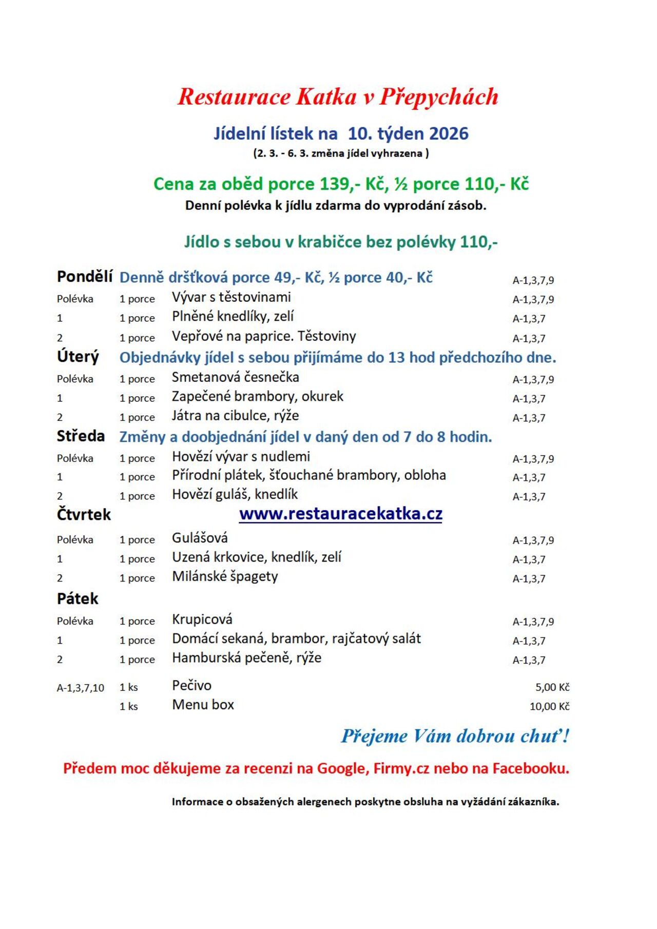 Jídelní lístek na 10. týden 2026