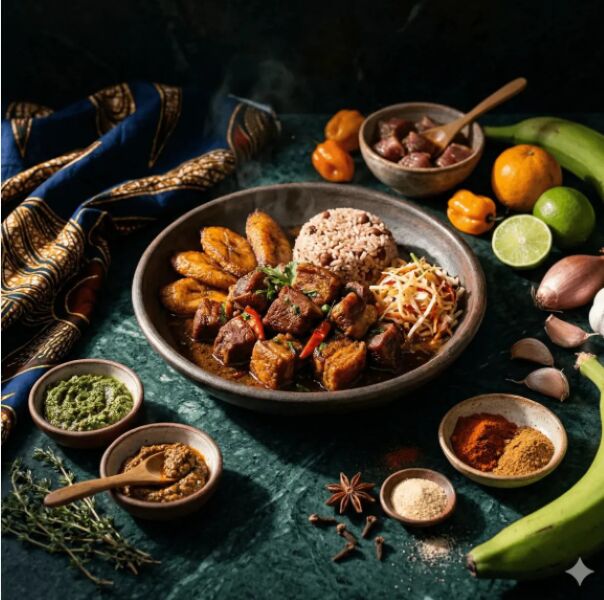 Plat de porc accompagné de riz, haricots rouges et plantain