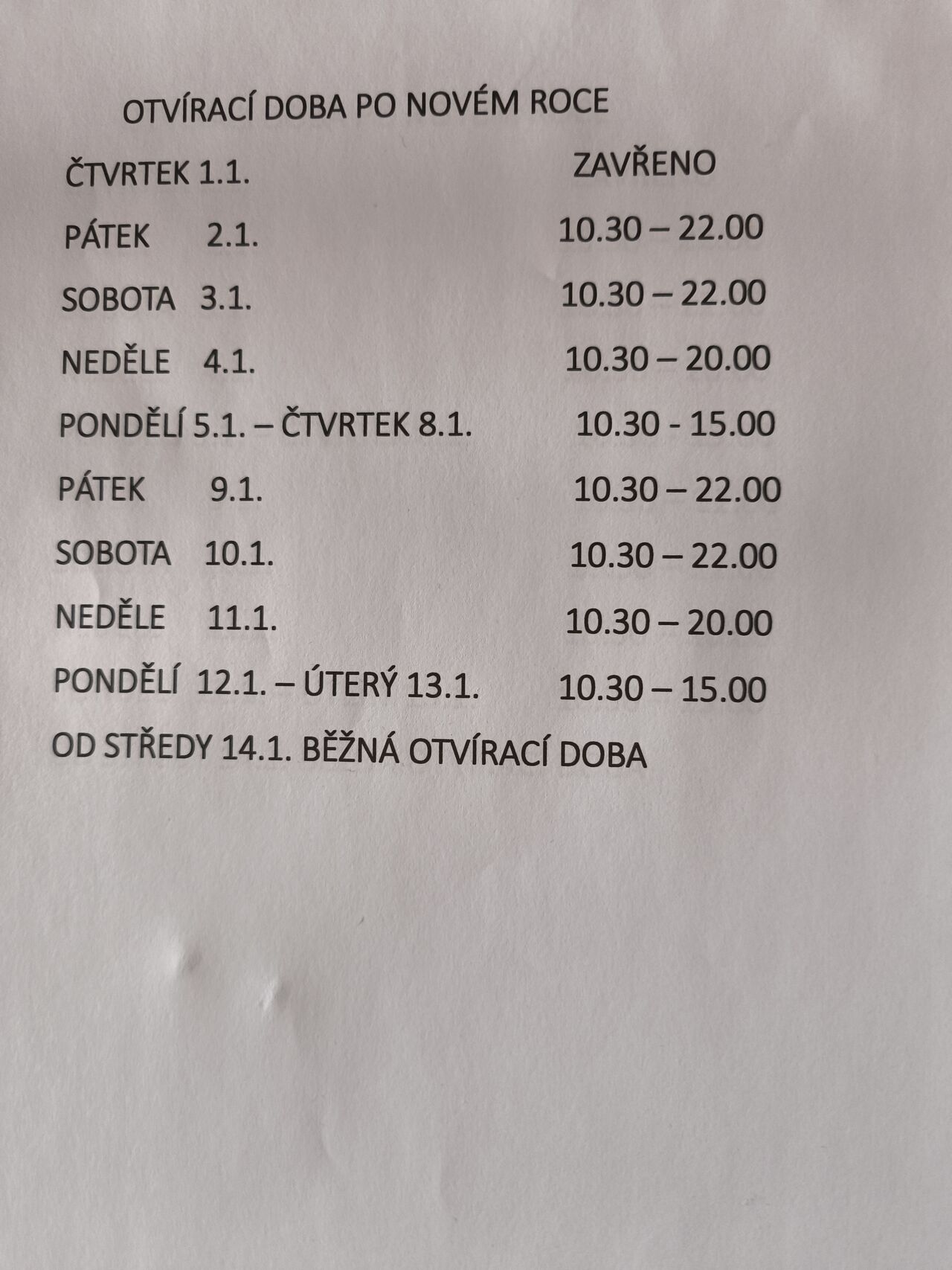 Otvírací doba po svátcích