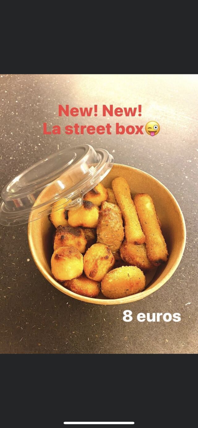 LA STREET BOX !! Petit plaisir solo!!
Stick mozza, mini camembert, boules de fromages, boulettes viandes epices