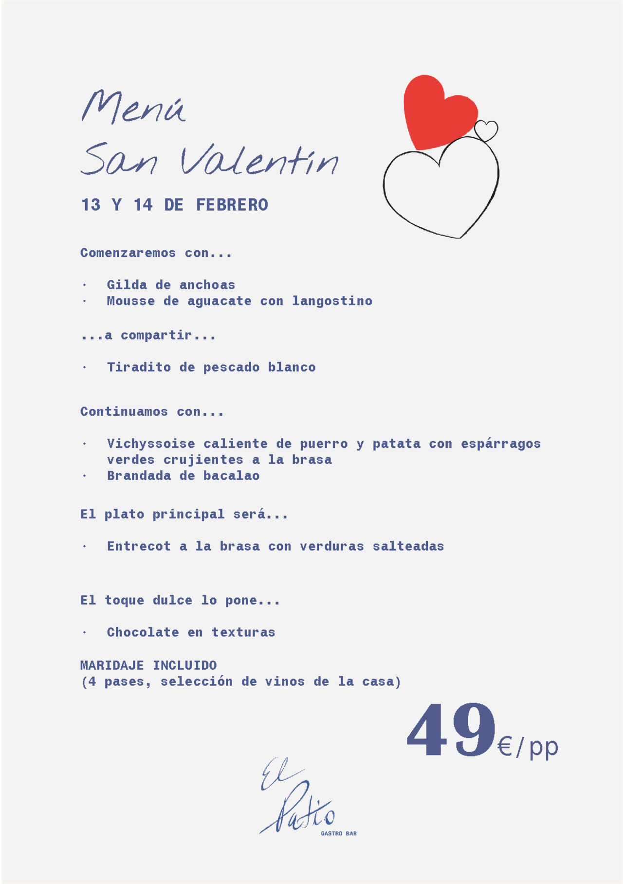 Menú San Valentín 13 y 14 Febrero
