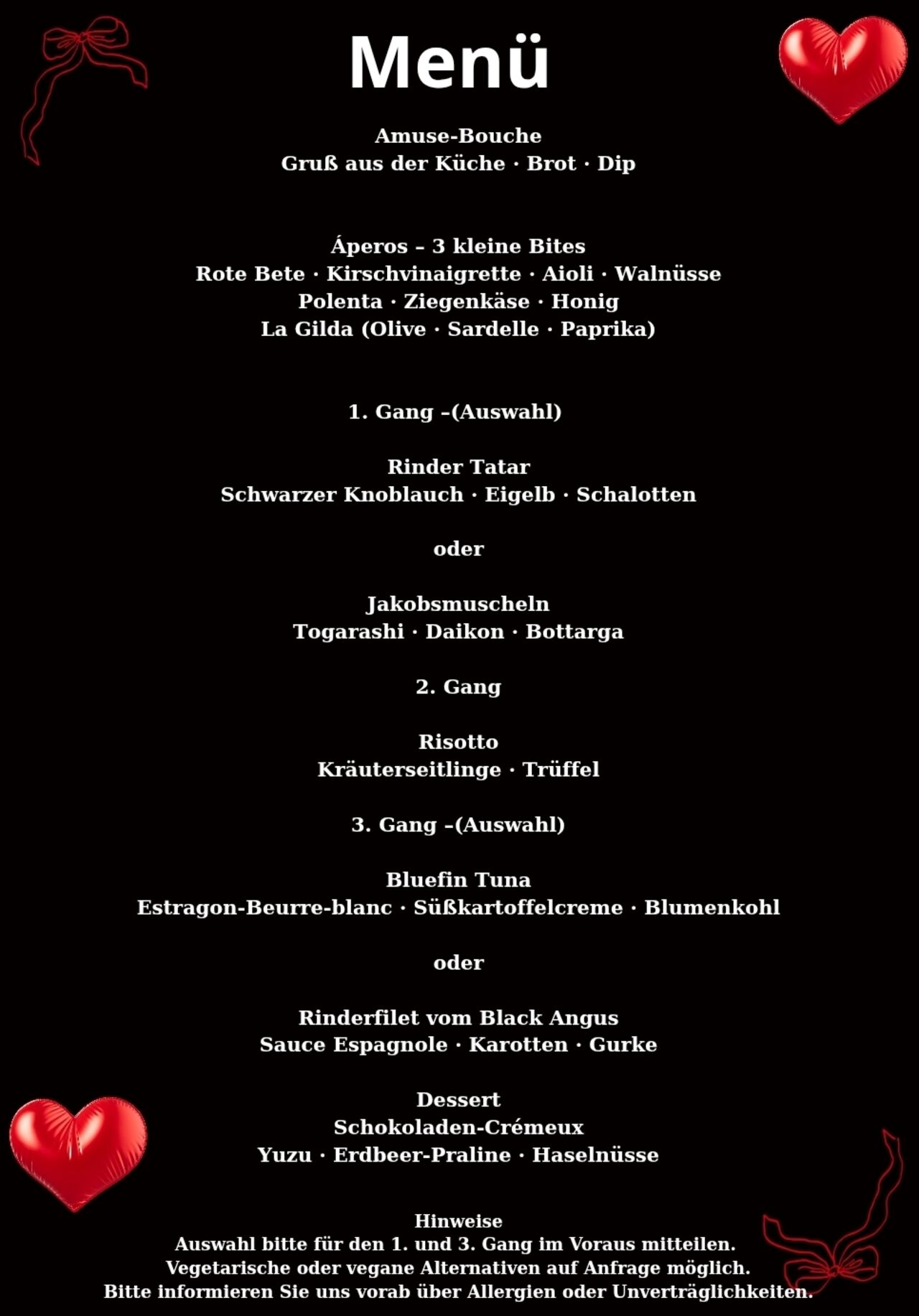 Valentine's day dinner Menü