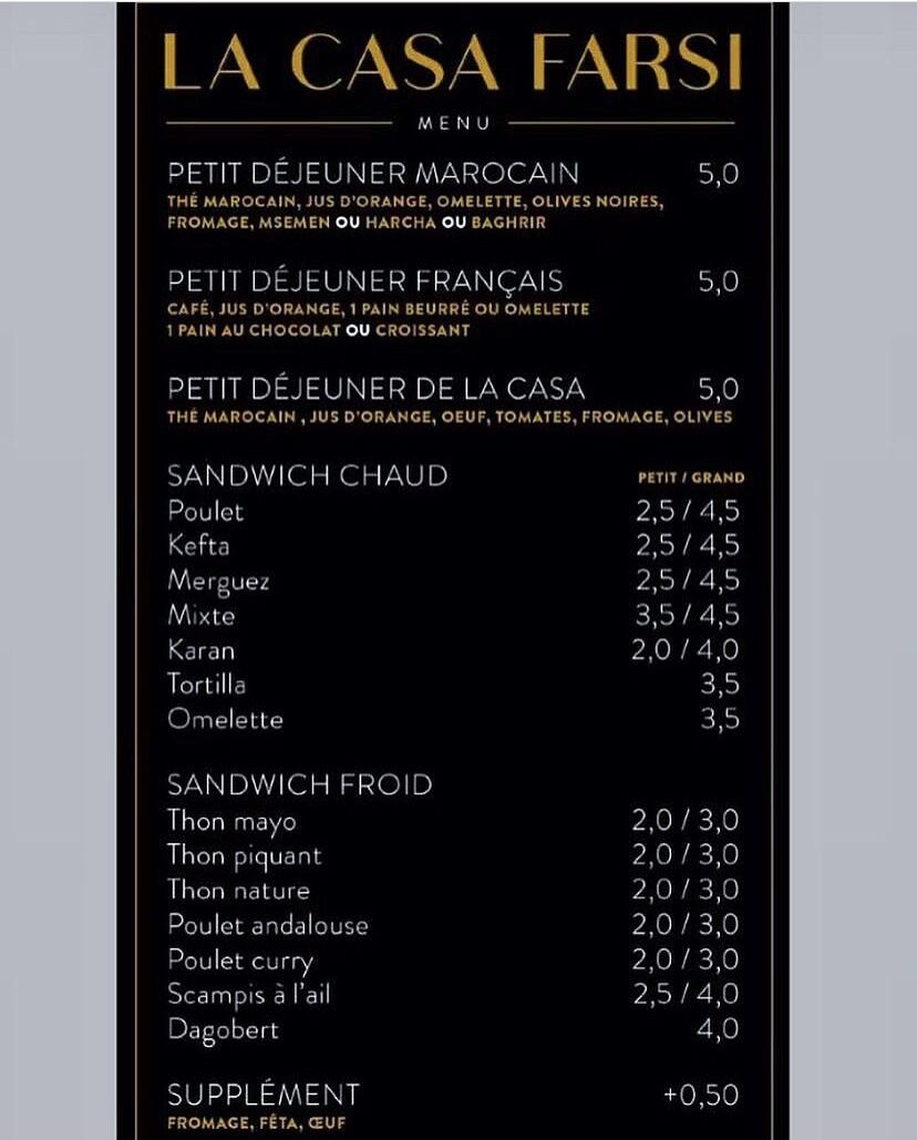 Voici le menu de La Casa Farsi