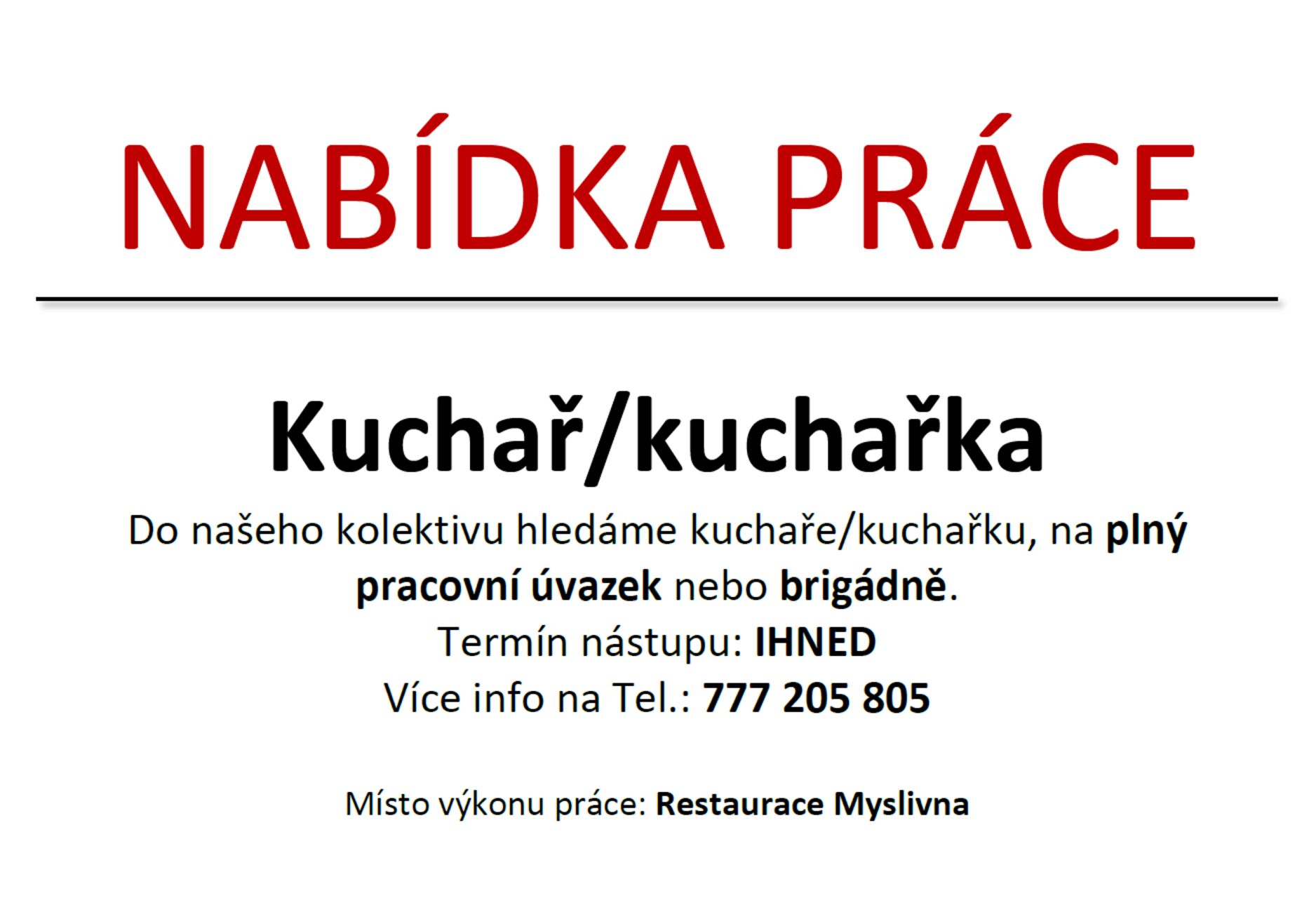 Nabídka práce - Kuchař/kuchařka, pomocný kuchař/kuchařka,