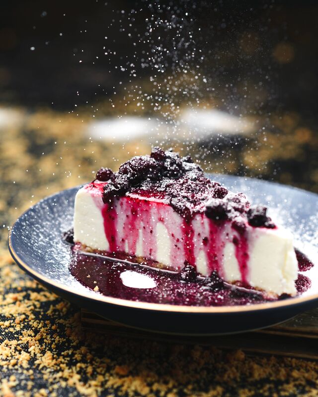 Tarta de queso con salsa de frutos rojos