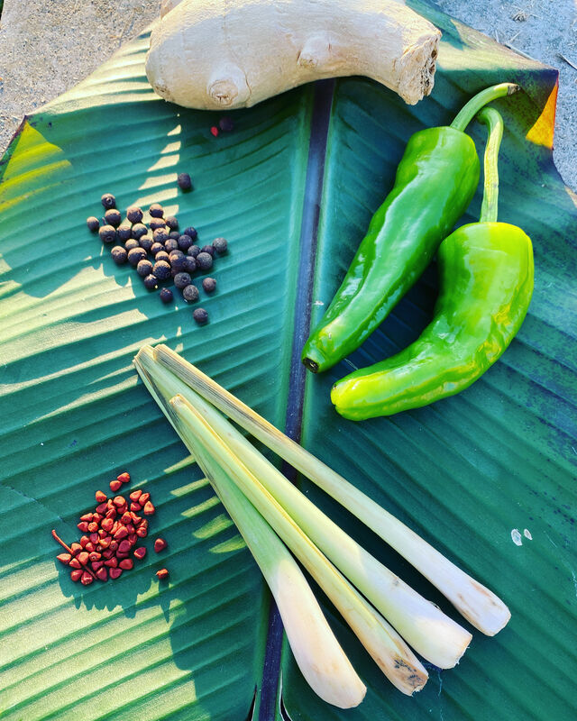 Quelques épices utilisés : gingembre, citronnelle, roucou, poivre jamaïcain…