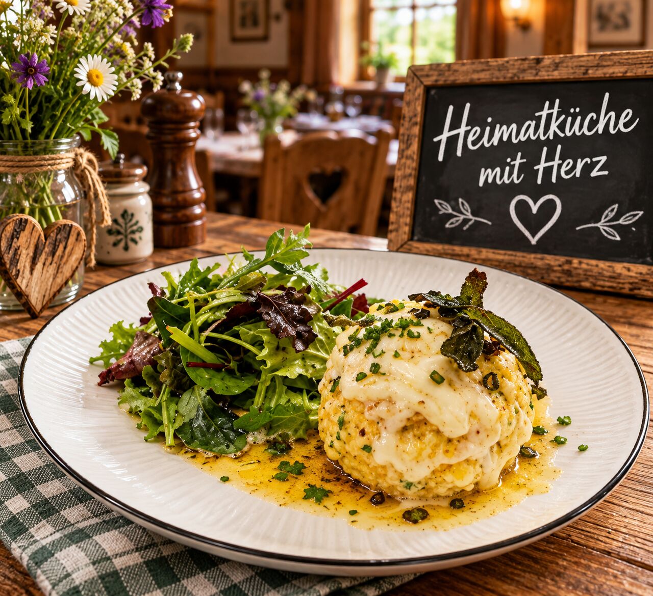 Kürbisknödel mit Salbeibutter und Wildkräuter